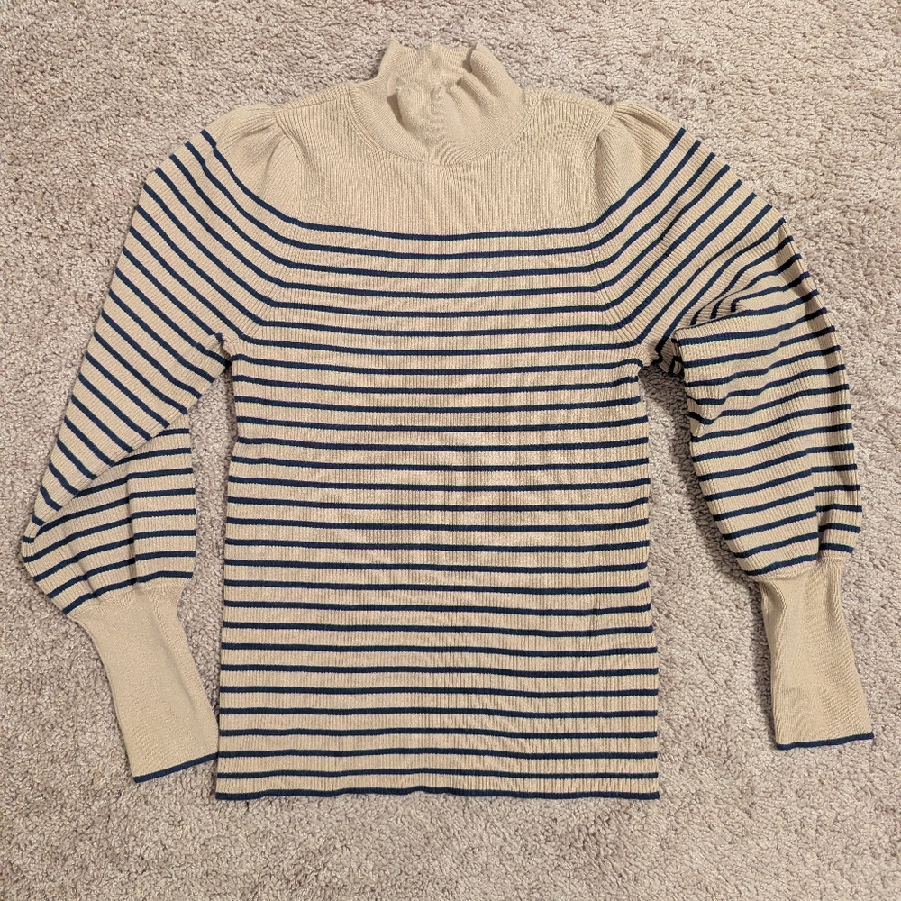 Ann Taylor Ribbed Striped Sweater - Tan/Navy